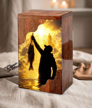 Fishing in Heaven Wooden Cremation Urn – Gone Fishing Memorial Urn for Human Ashes
