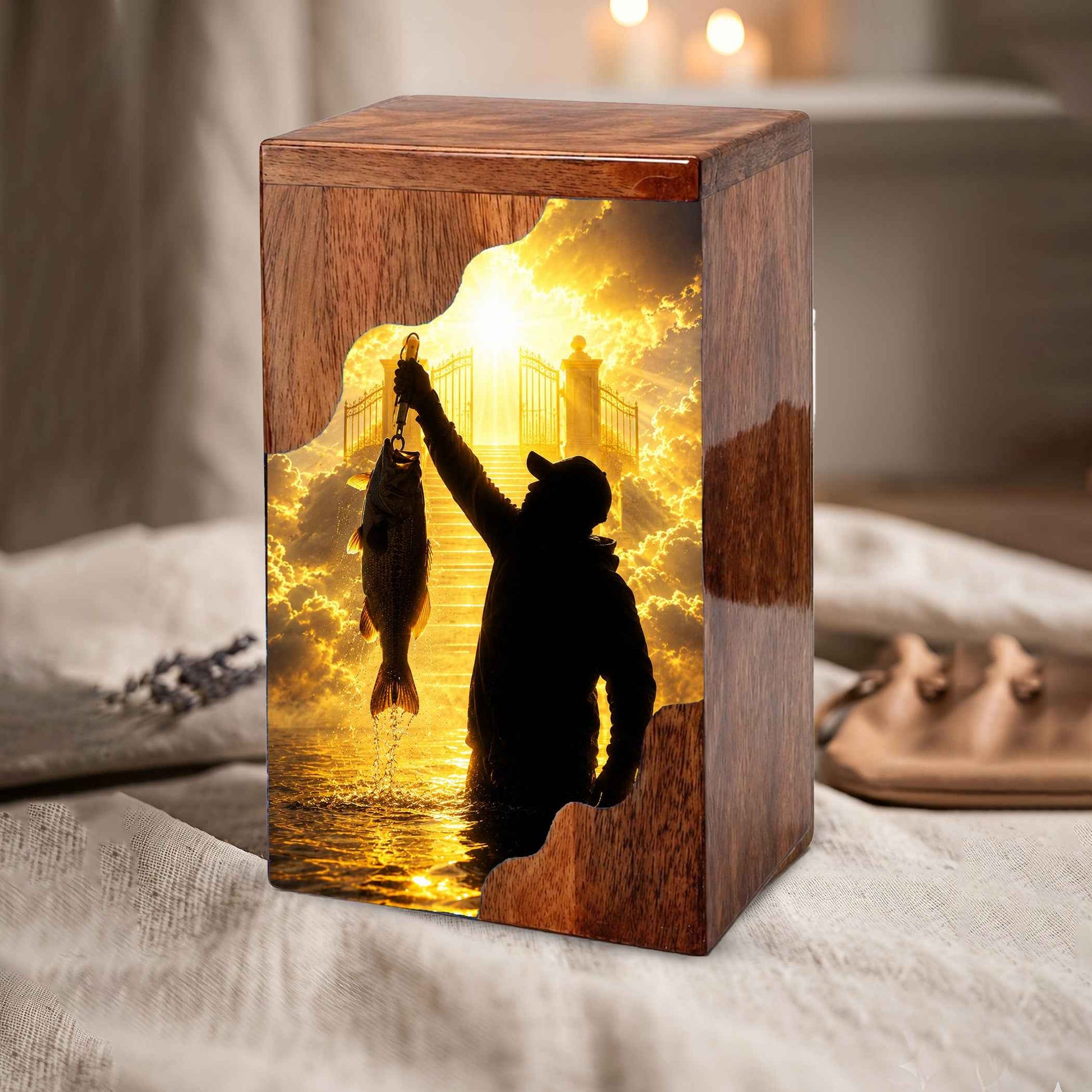 Fishing in Heaven Wooden Cremation Urn – Gone Fishing Memorial Urn for Human Ashes