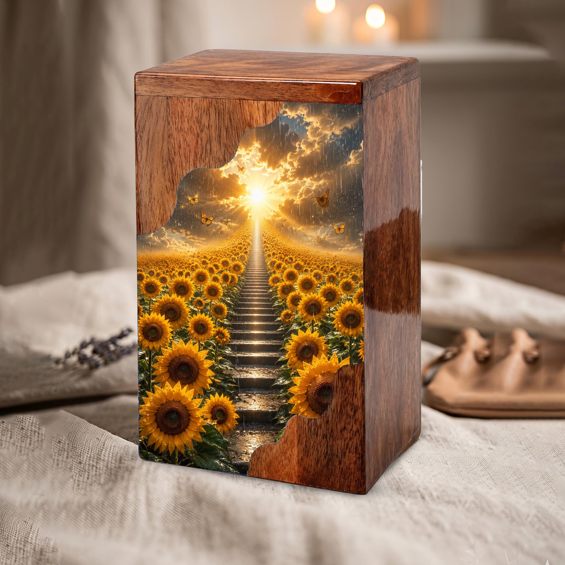 Sunflower Wooden Cremation Urn for Mom | Personalized Urn for Human Ashes