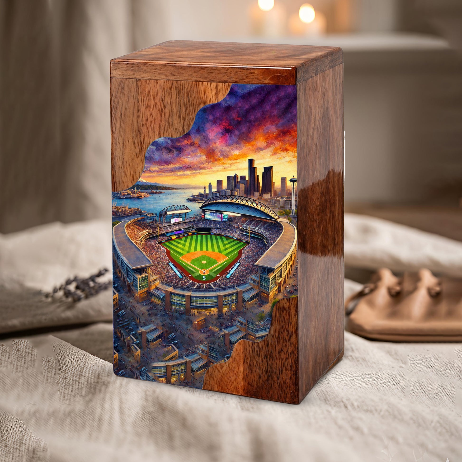 Wooden Cremation Urn – Baseball Stadium Memorial Urn | Custom Wooden Urn for Dad
