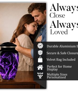 Purple Wolf Cremation Urn for Ashes | Personalized Wolf Memorial Urn | Black Wolf Adult Urn