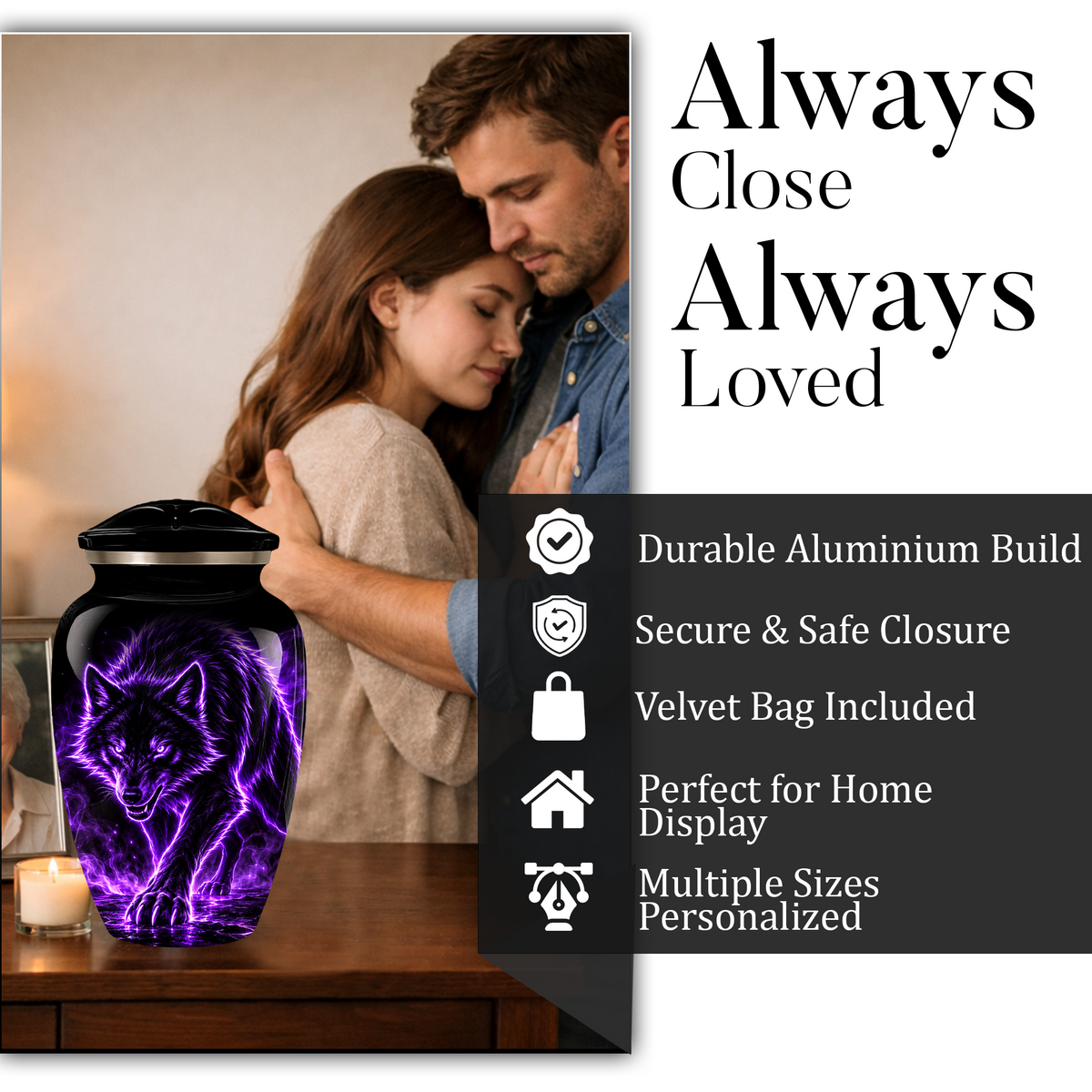Purple Wolf Cremation Urn for Ashes | Personalized Wolf Memorial Urn | Black Wolf Adult Urn