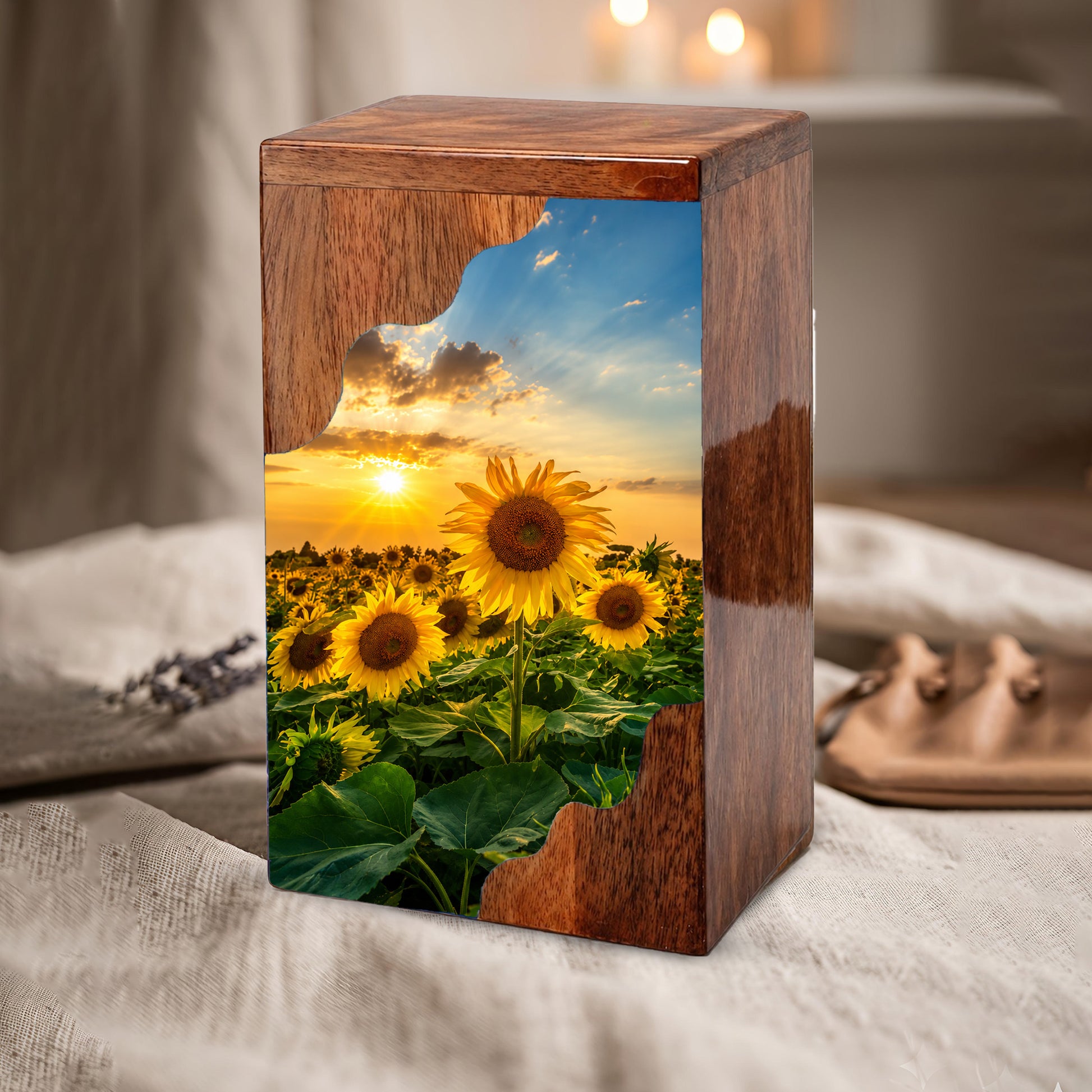 Sunflower Wooden Cremation Urn for Mom | Personalized Urn for Human Ashes