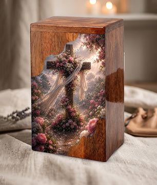 Floral Cross Wooden Cremation Urn – Christian Memorial Urn | Wooden Urn for Human Ashes