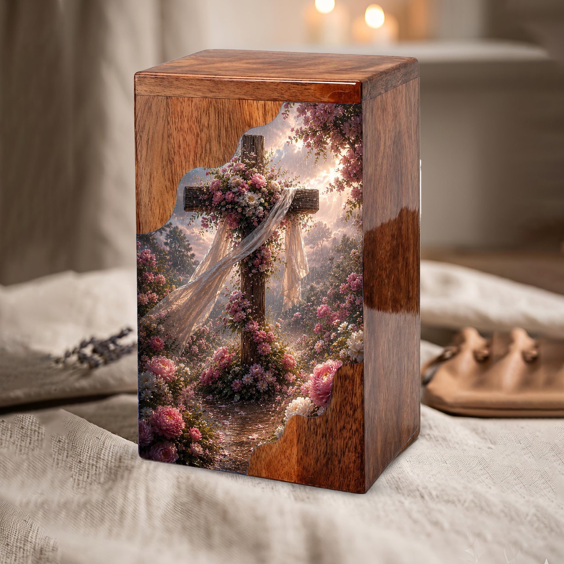 Floral Cross Wooden Cremation Urn – Christian Memorial Urn | Wooden Urn for Human Ashes