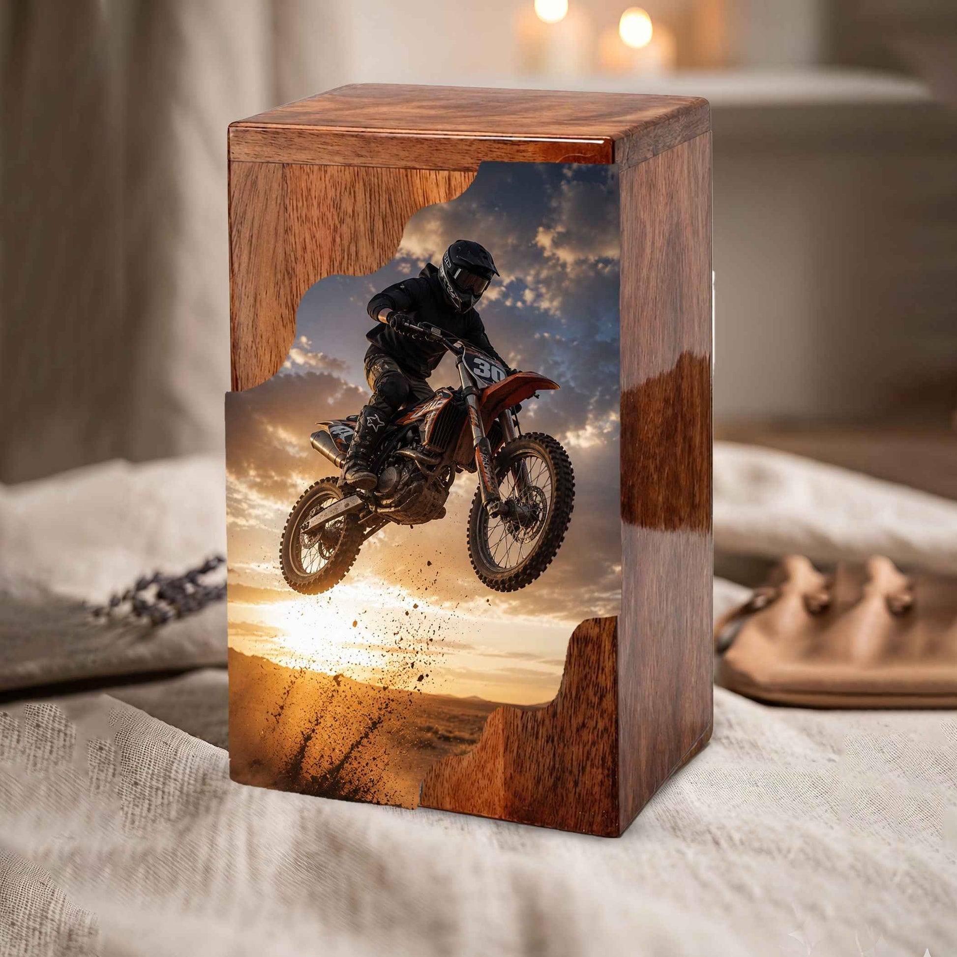 Motocross Cremation Urns for Human Ashes | Personalized Urns for Dad | Wooden Memorial Urn for Men