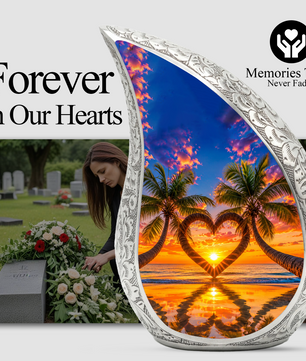 Palm Tree Heart Memorial Keepsake Urn for Mom – Personalized Cremation Urn for Human Ashes | Beach Sunset Memorial Urn