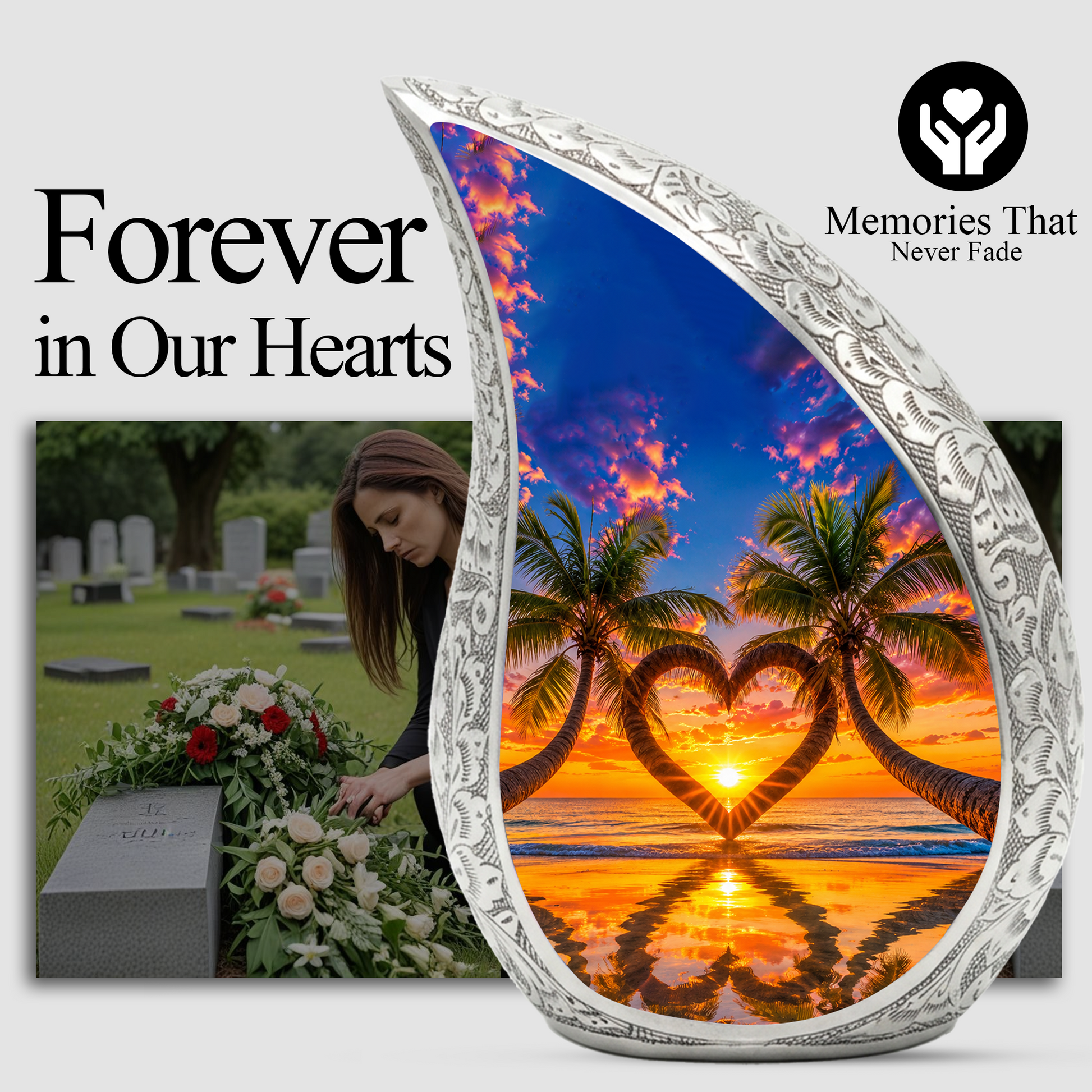 Palm Tree Heart Memorial Keepsake Urn for Mom – Personalized Cremation Urn for Human Ashes | Beach Sunset Memorial Urn