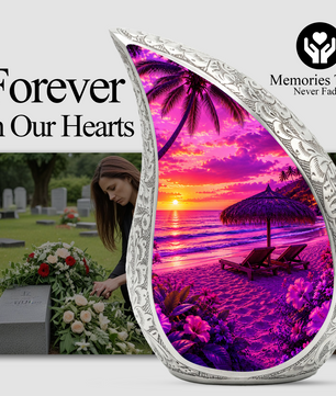 Beach Urns for Human Ashes – Purple Tropical Sunset Beach Themed Cremation Urn with Palm Trees