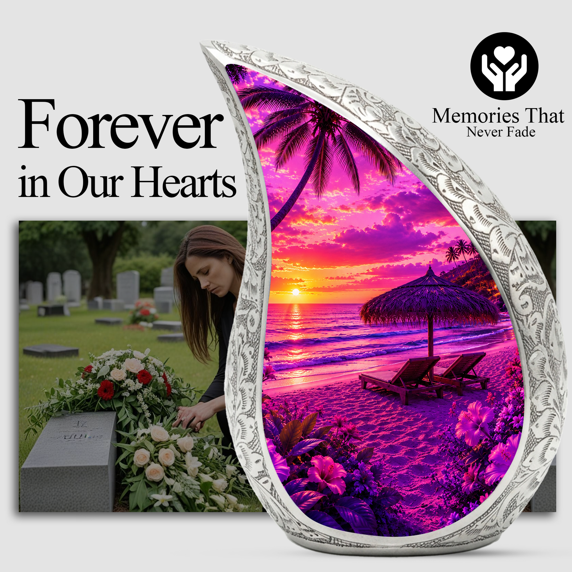 Beach Urns for Human Ashes – Purple Tropical Sunset Beach Themed Cremation Urn with Palm Trees