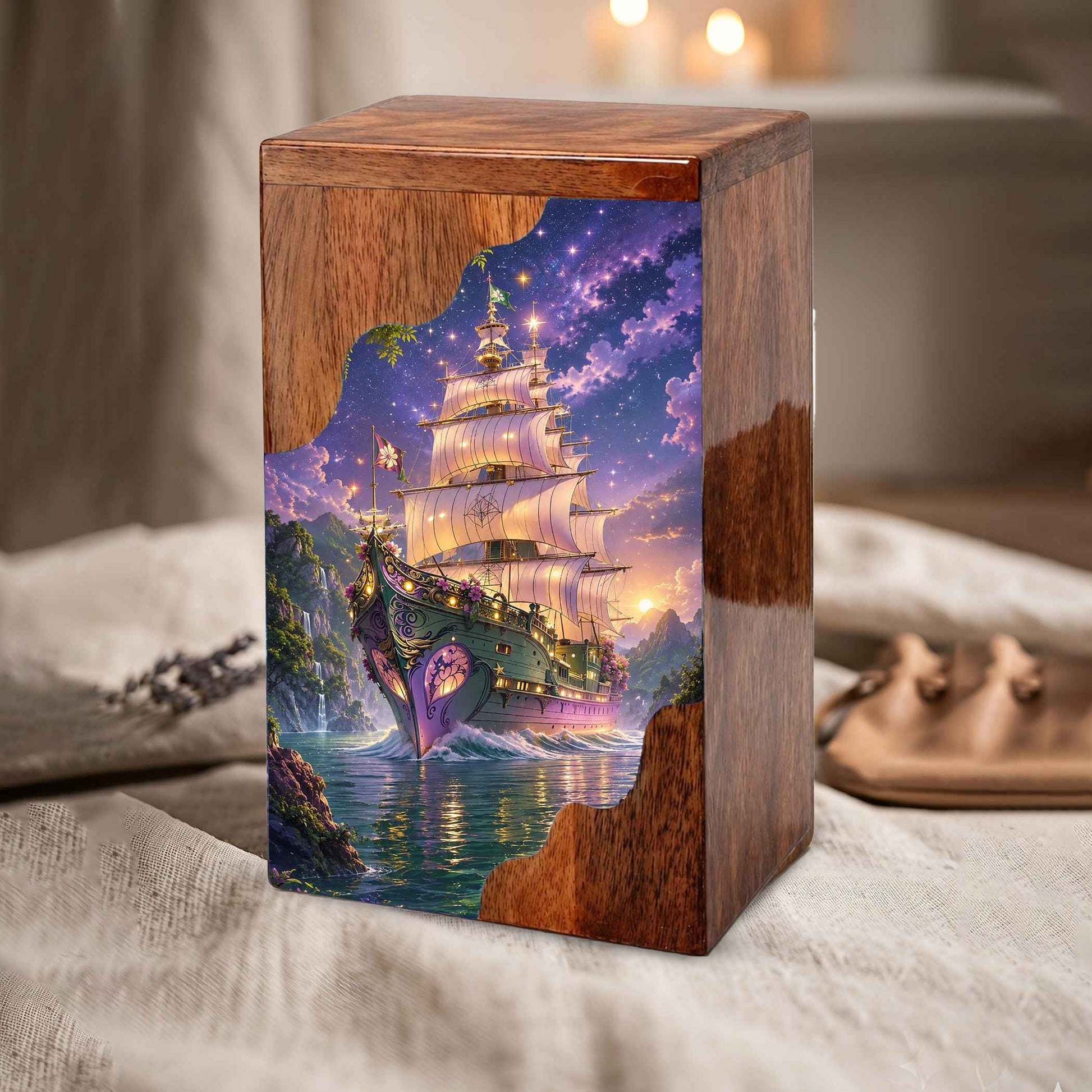 Wooden Cremation Urn for Human Ashes, Sailing Ship Memorial Urn, Adult Cremation Urn