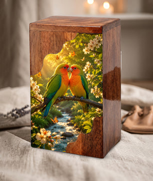 Lovebirds Wooden Cremation Urn – Memorial Urn for Human Ashes
