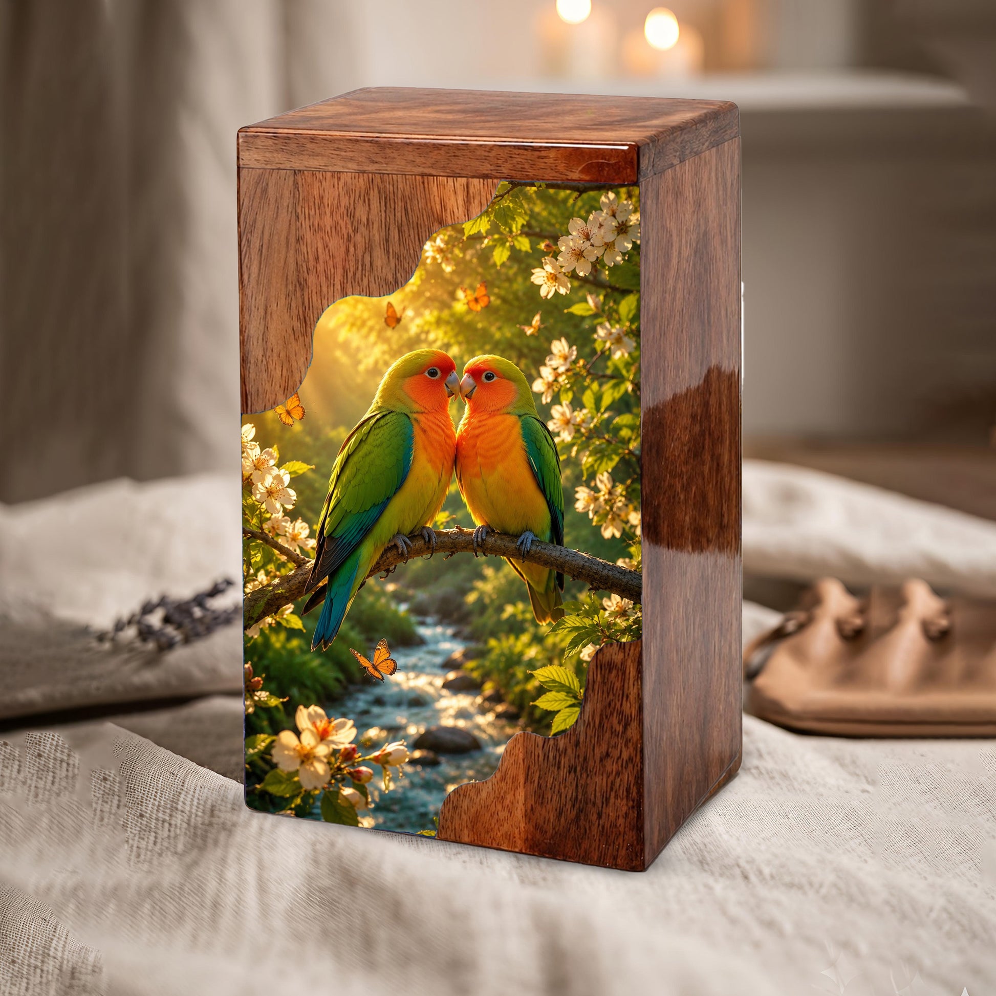 Lovebirds Wooden Cremation Urn – Memorial Urn for Human Ashes