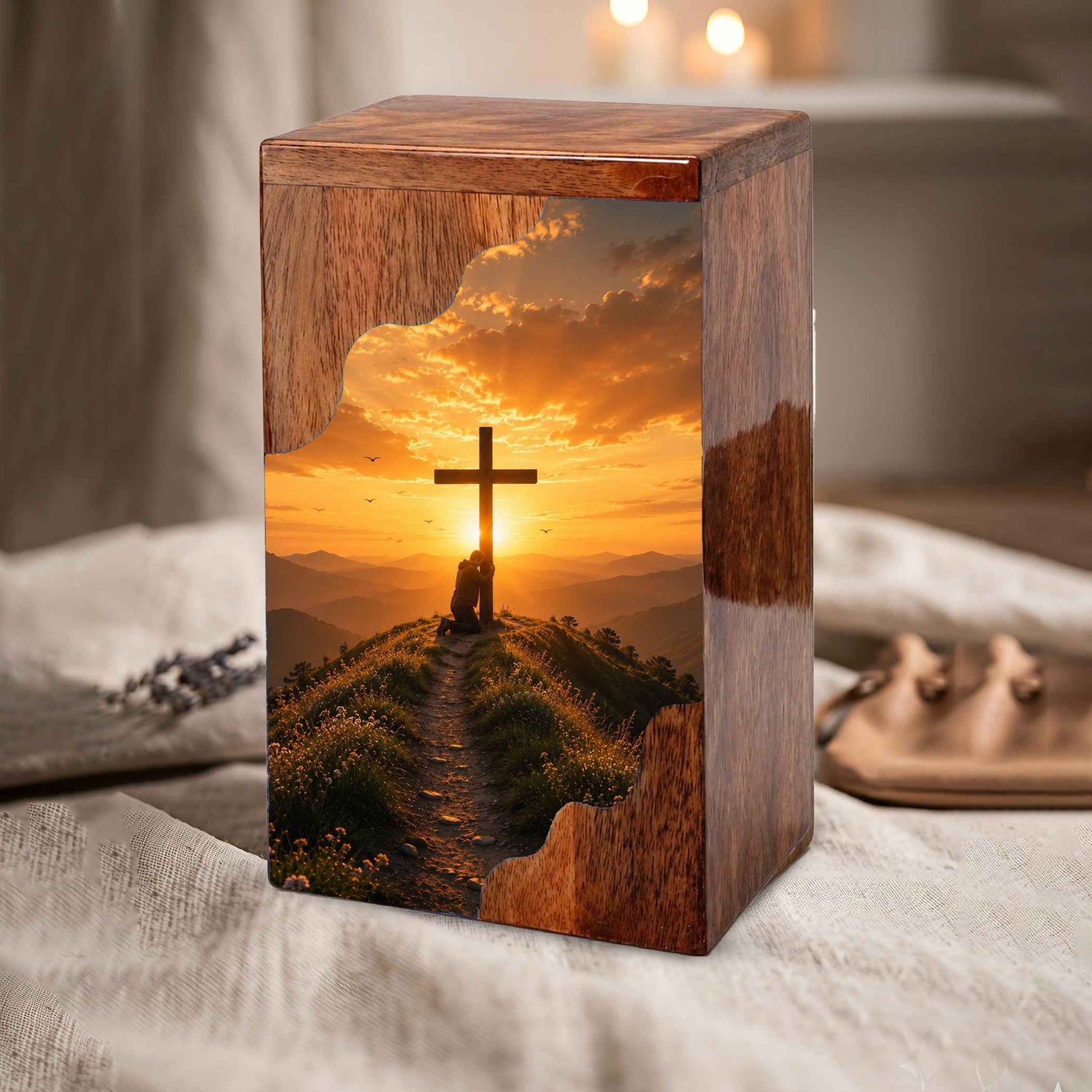 Cross Wooden Cremation Urn for Mom, Christian Wooden Urn for Human Ashes