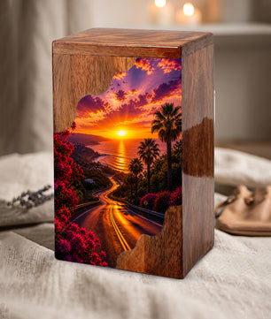 Wooden Cremation Urn for Mom | Sunset Ocean Memorial Urn for Human Ashes