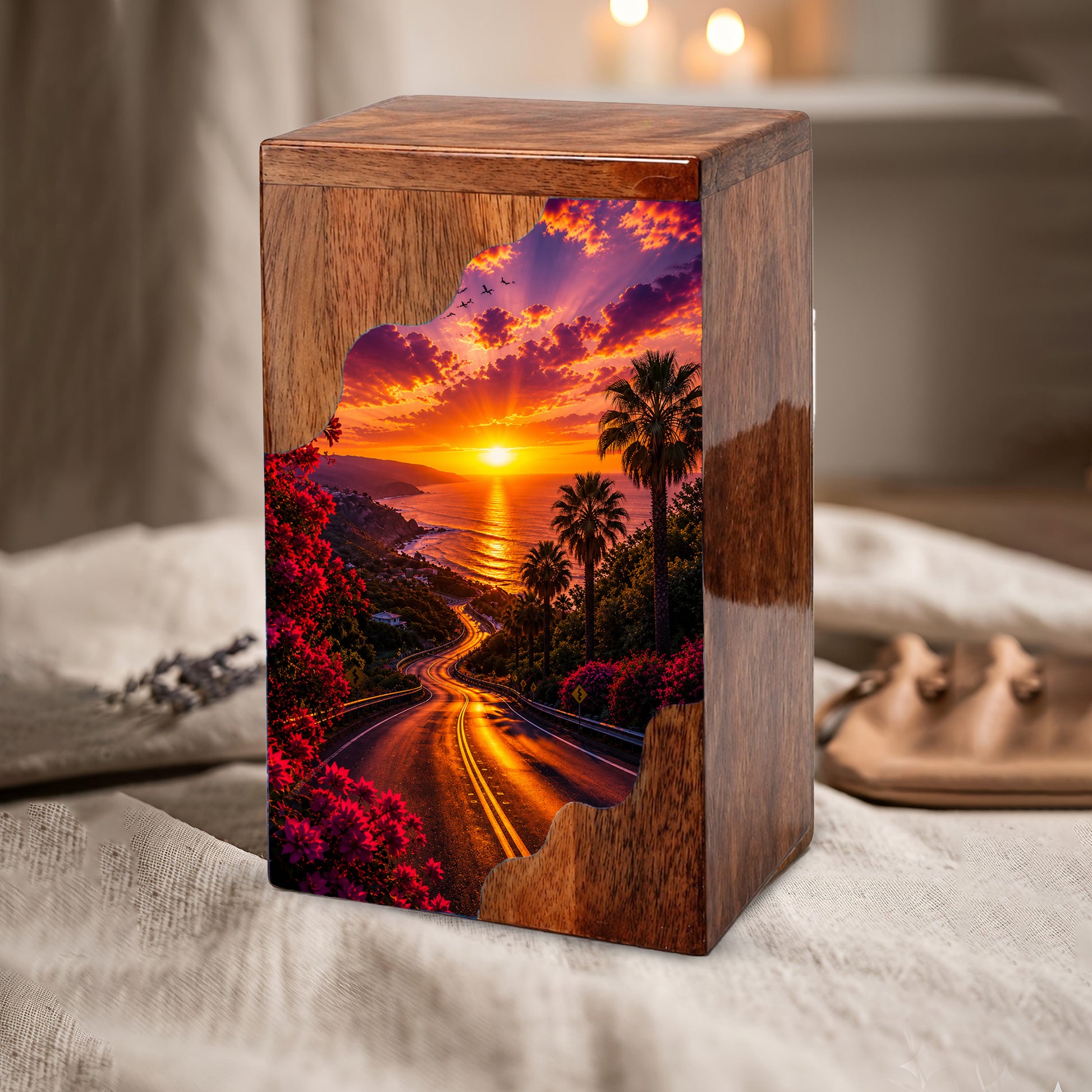 Wooden Cremation Urn for Mom | Sunset Ocean Memorial Urn for Human Ashes