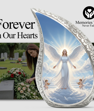 Personalized Angel Cremation Urn – Custom Heavenly Memorial Urn for Ashes, Guardian Angel Teardrop Aluminum Adult Urn, 10 Inch