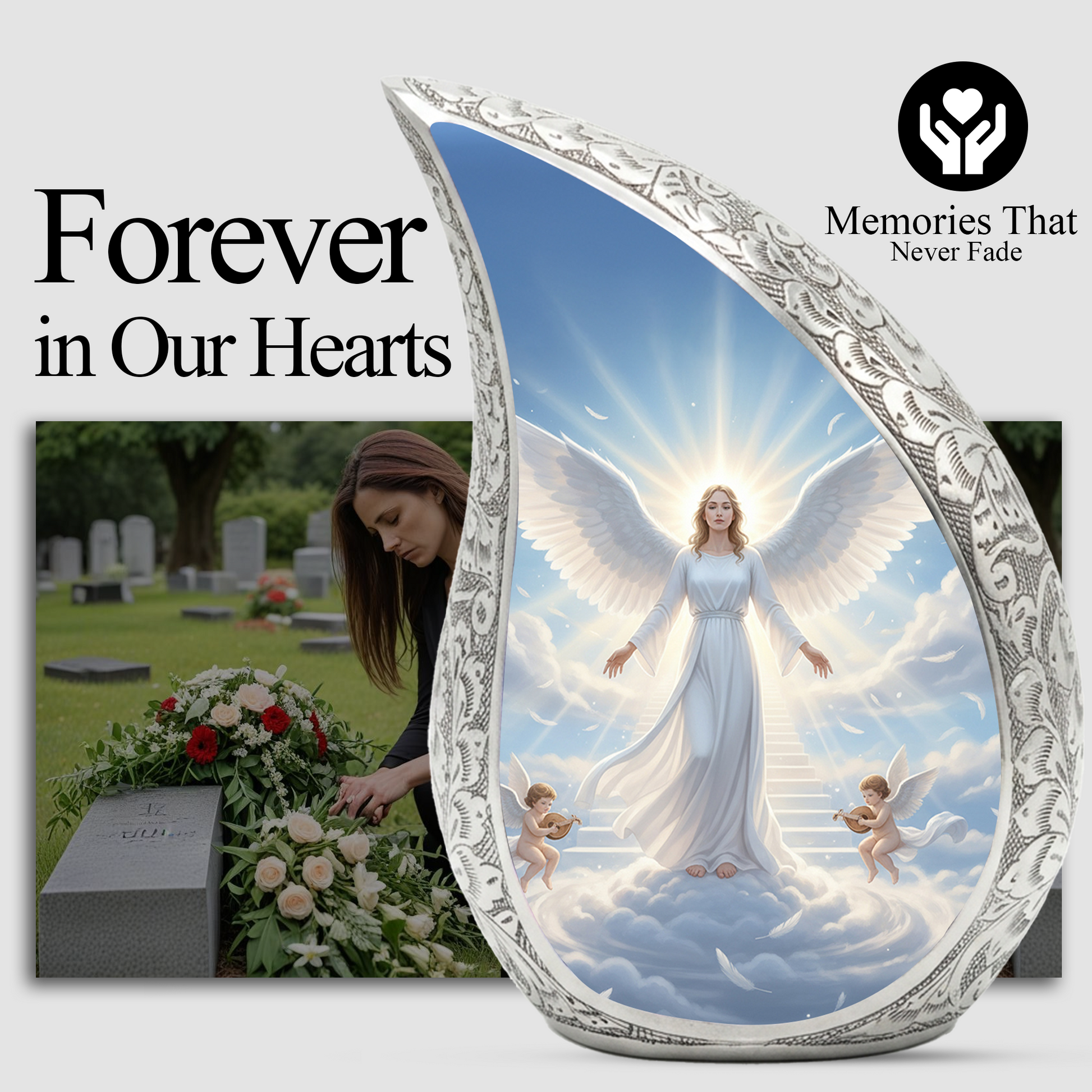 Personalized Angel Cremation Urn – Custom Heavenly Memorial Urn for Ashes, Guardian Angel Teardrop Aluminum Adult Urn, 10 Inch
