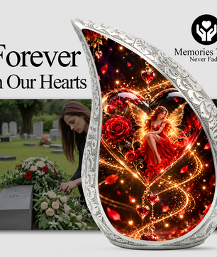 Fairy Heart Cremation Urn for Ashes, Red Rose Fantasy Adult Memorial Urn
