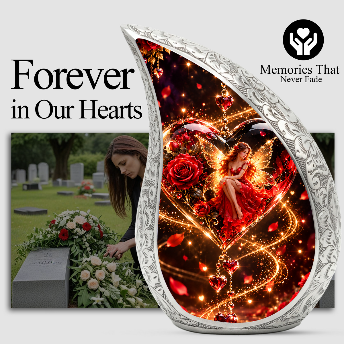 Fairy Heart Cremation Urn for Ashes, Red Rose Fantasy Adult Memorial Urn