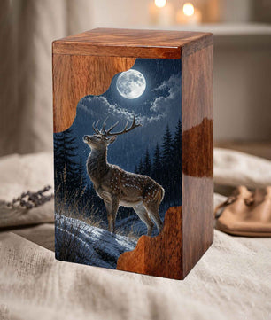 Deer Wooden Cremation Urn – Moonlit Forest Memorial Urn