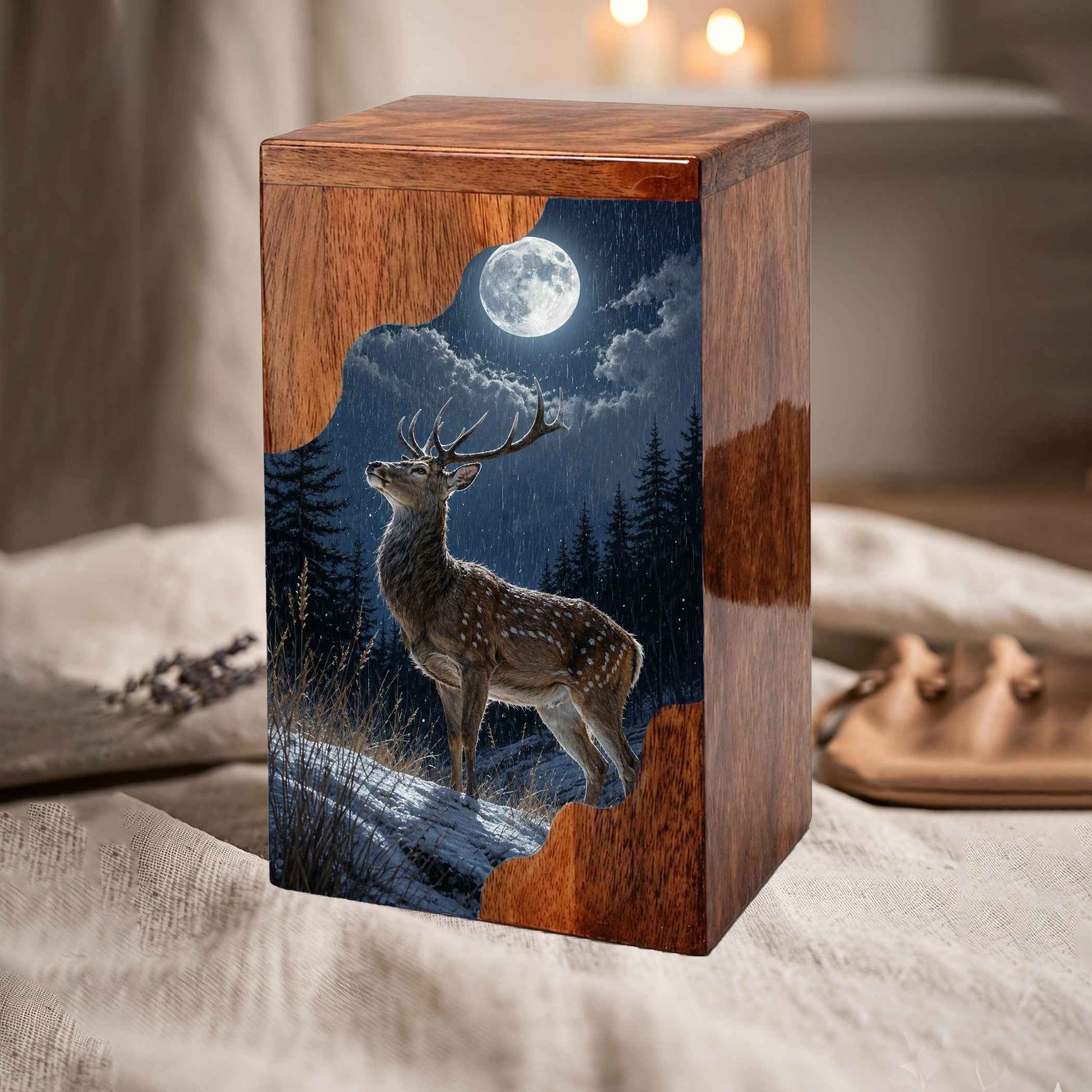 Deer Wooden Cremation Urn – Moonlit Forest Memorial Urn