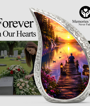 Woodland Lake Fishing Urn for Human Ashes – Nature Scene Cremation Urn with Mountain Lake, Fishing & Sunset