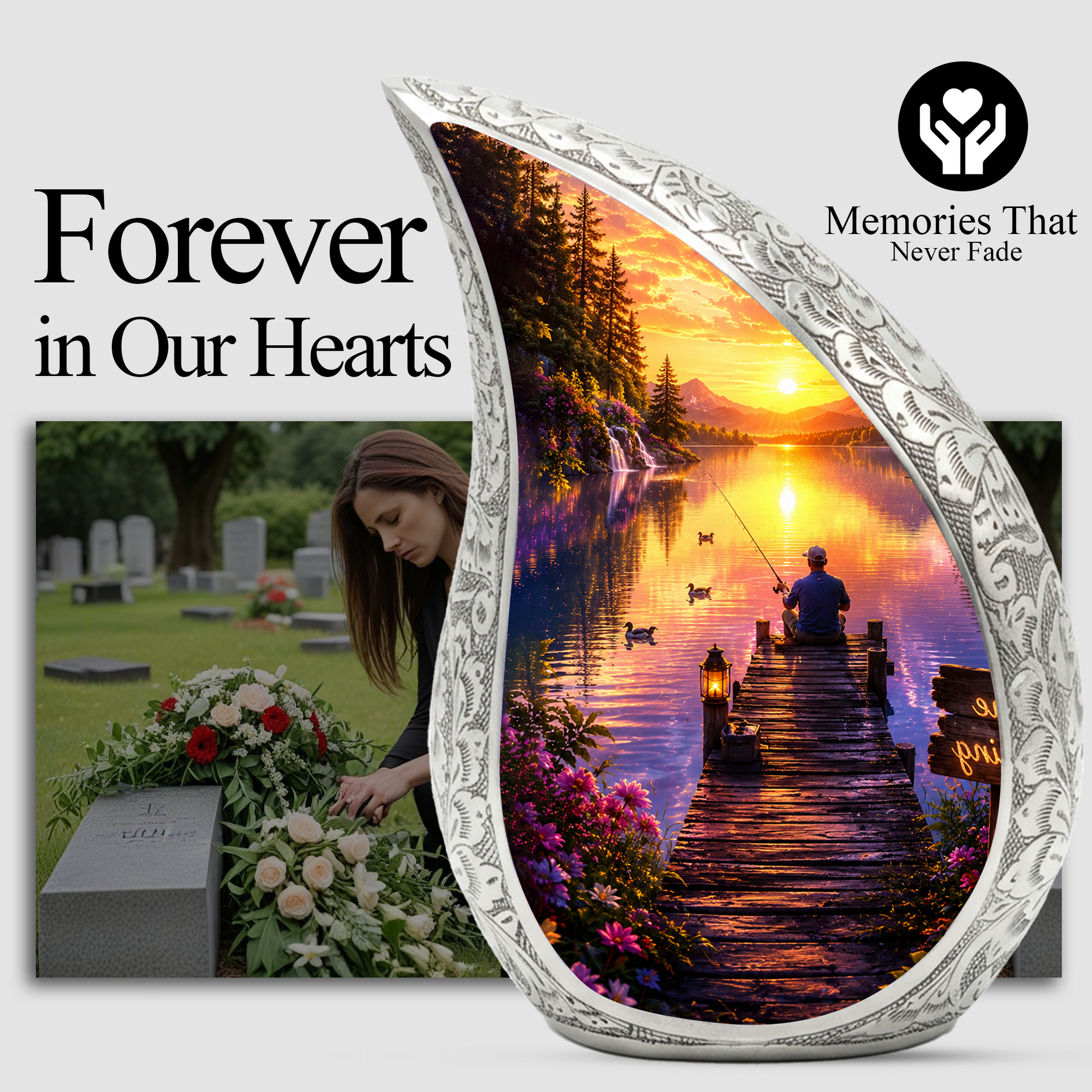 Woodland Lake Fishing Urn for Human Ashes – Nature Scene Cremation Urn with Mountain Lake, Fishing & Sunset