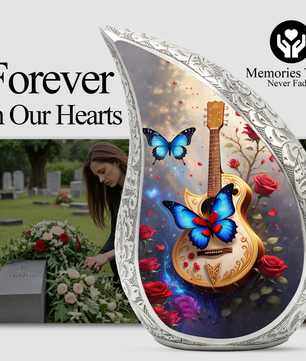 Beautiful Butterfly Guitar Urn for Human Ashes – Premium Butterfly Adult Cremation Urn |