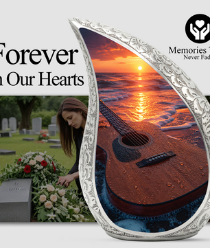 Beach Guitar Sunset Urn for Human Ashes | Adult Cremation Urn with Ocean & Guitar Memorial Design