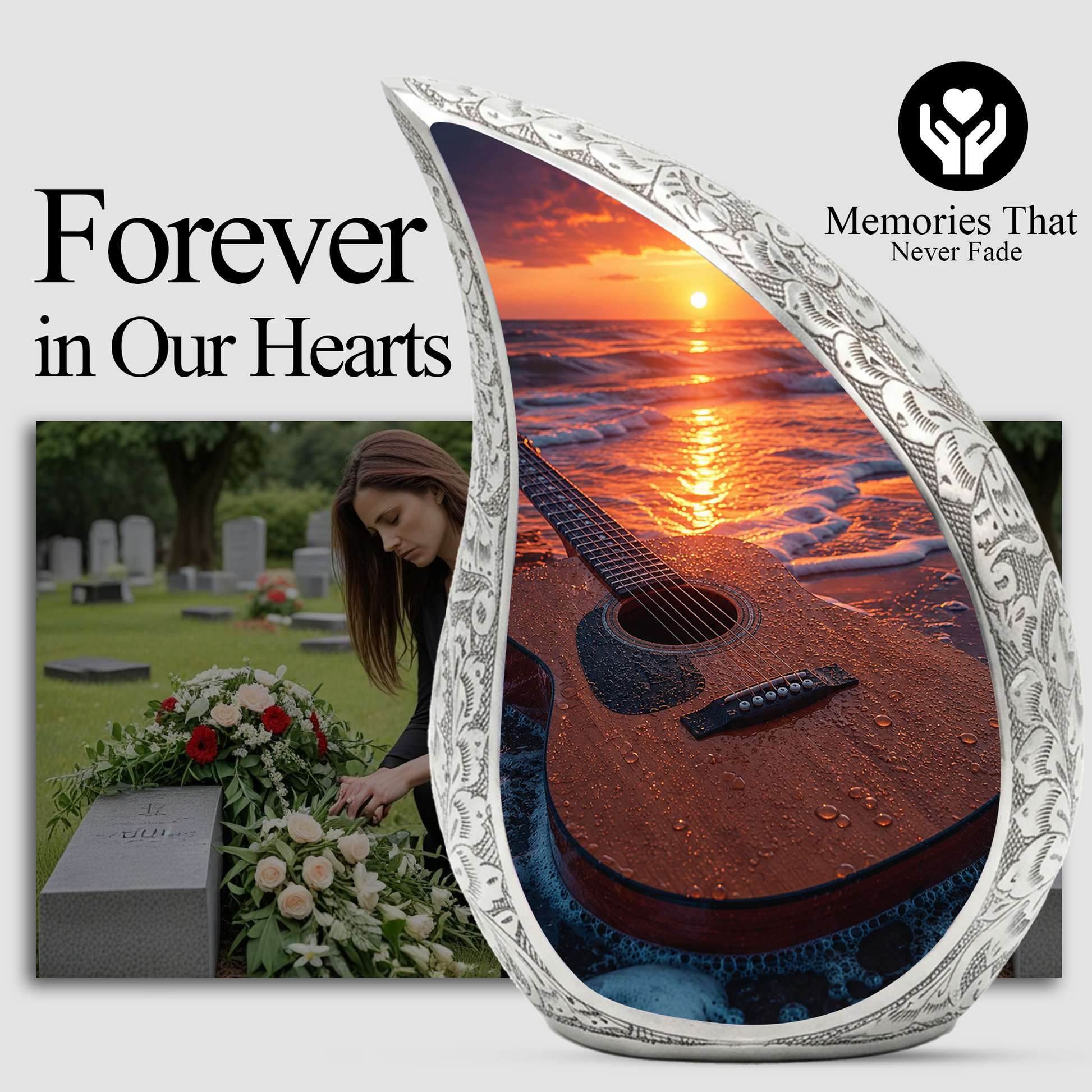 Beach Guitar Sunset Urn for Human Ashes | Adult Cremation Urn with Ocean & Guitar Memorial Design