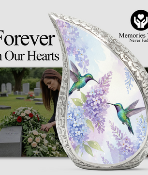 Personalized Hummingbird Cremation Urn – Custom Floral Memorial Urn for Ashes, Lavender Flower Teardrop Aluminum Adult Urn, 10 Inch