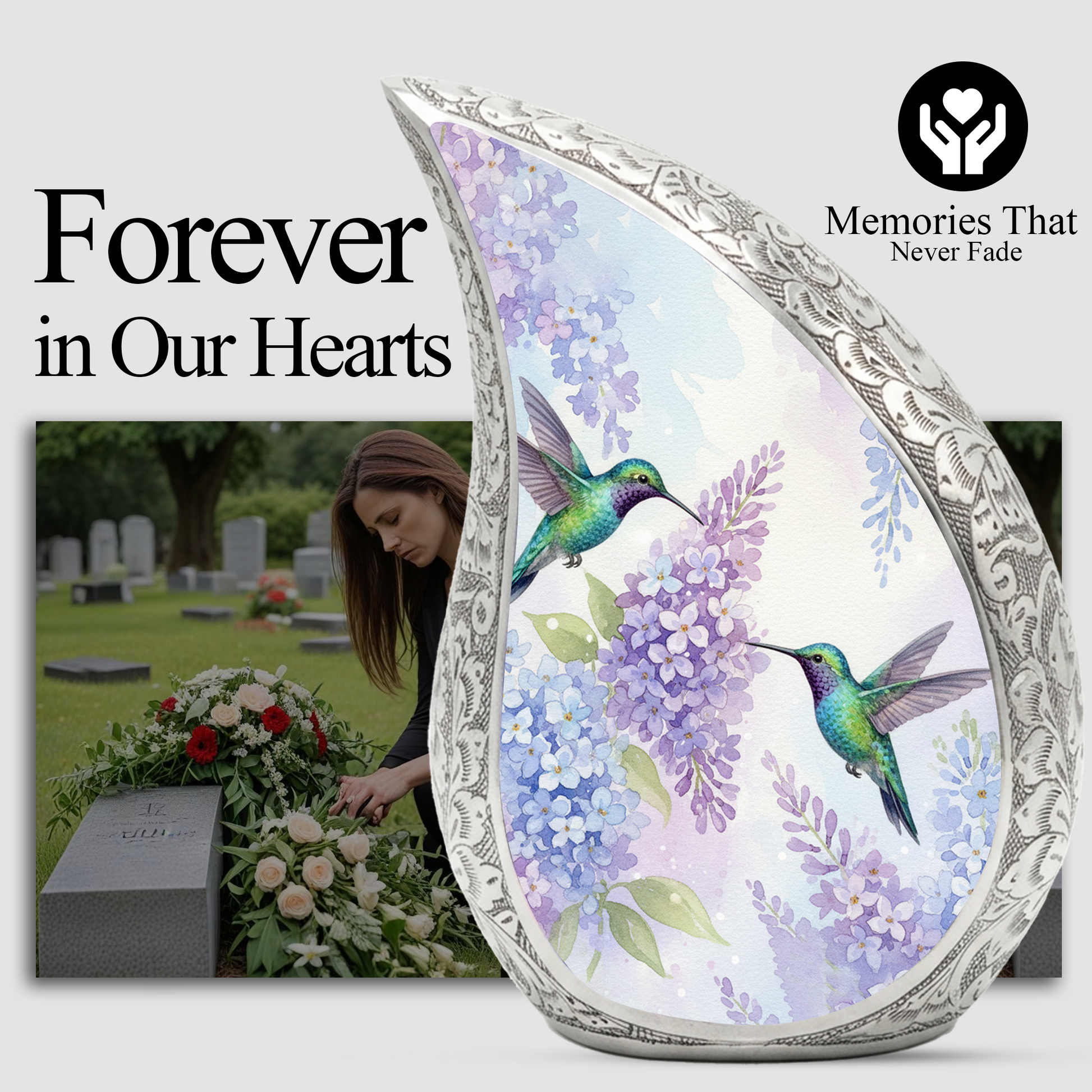 Personalized Hummingbird Cremation Urn – Custom Floral Memorial Urn for Ashes, Lavender Flower Teardrop Aluminum Adult Urn, 10 Inch
