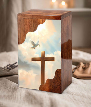 Wooden Cremation Urn – Cross Memorial Urn | Christian Wooden Urn for Ashes
