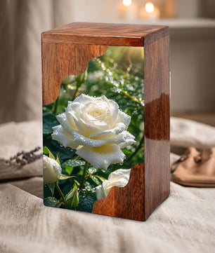 White Rose Wooden Cremation Urn – Wooden Urn for Human Ashes