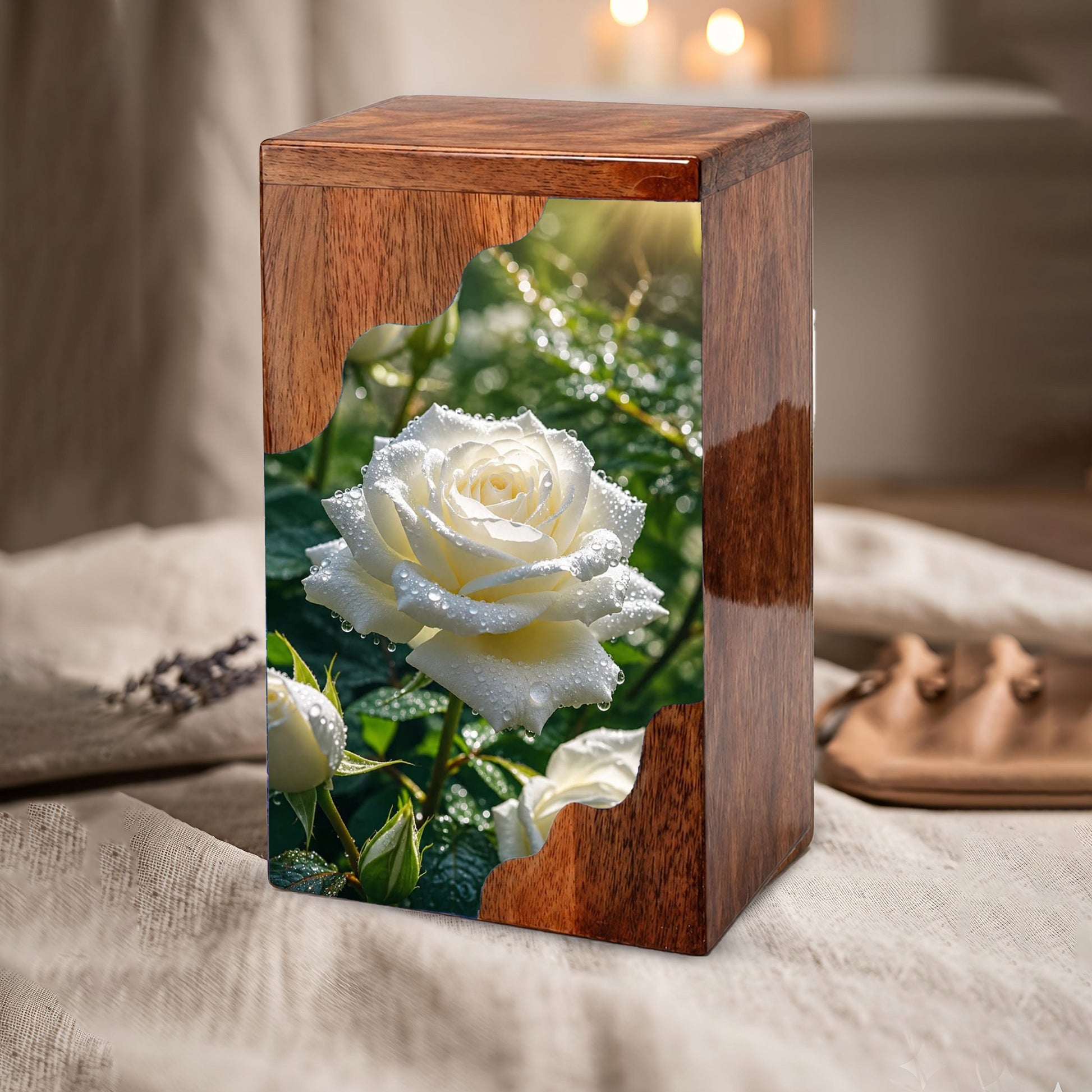 White Rose Wooden Cremation Urn – Wooden Urn for Human Ashes