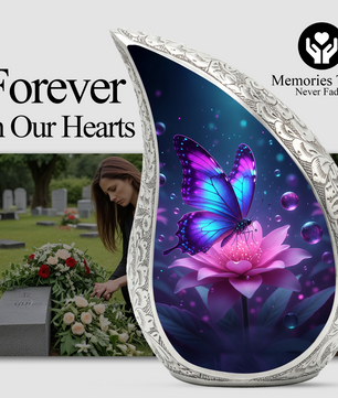 Butterfly Personalized Cremation Urn for Mom – Teardrop Style Aluminum Memorial Urn, 10 Inch