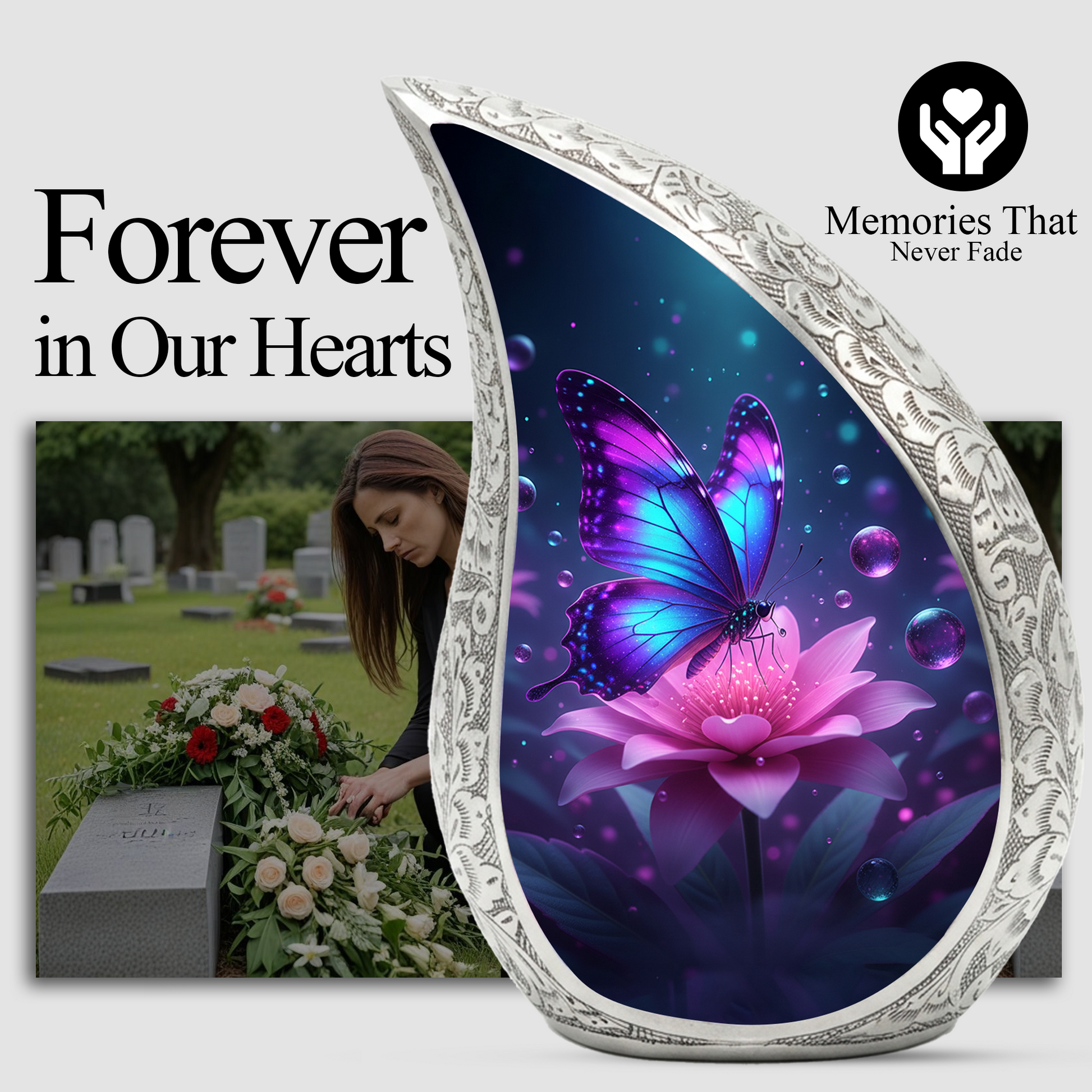 Butterfly Personalized Cremation Urn for Mom – Teardrop Style Aluminum Memorial Urn, 10 Inch