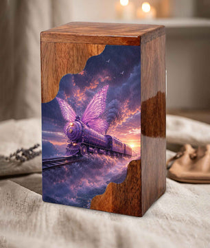 Butterfly Train Wooden Cremation Urn for Human Ashes