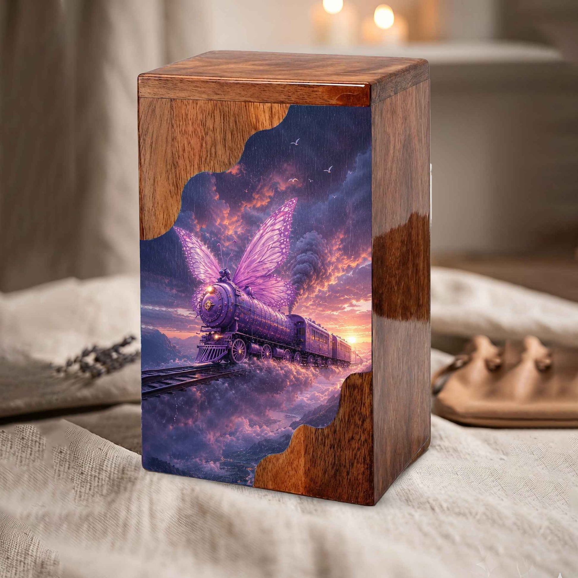 Butterfly Train Wooden Cremation Urn for Human Ashes