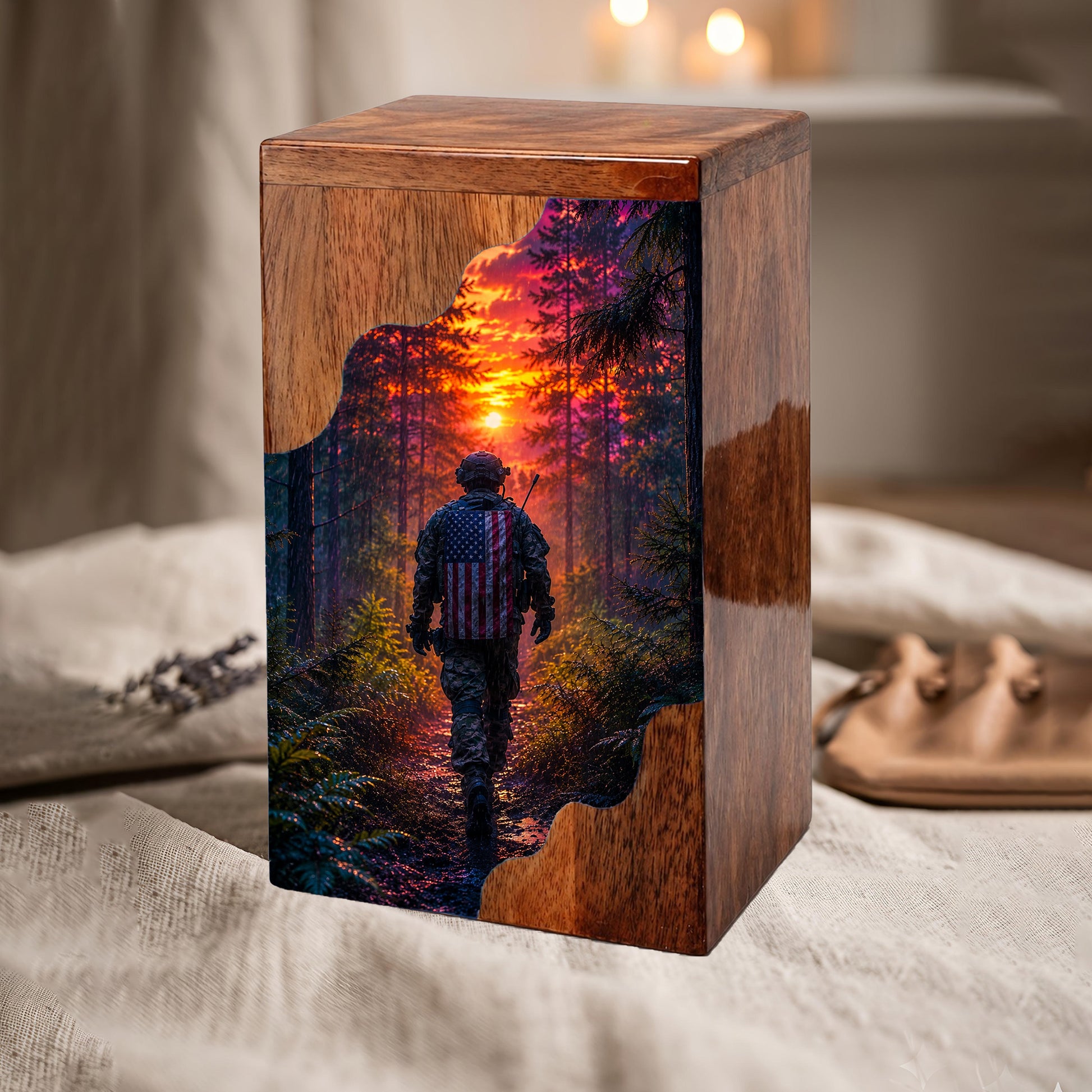 Military Memorial Wooden Cremation Urn – Patriotic Tribute Urn
