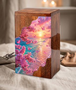 Cherry Blossom Beach Wooden Cremation Urn – Butterfly Memorial Urn for Human Ashes