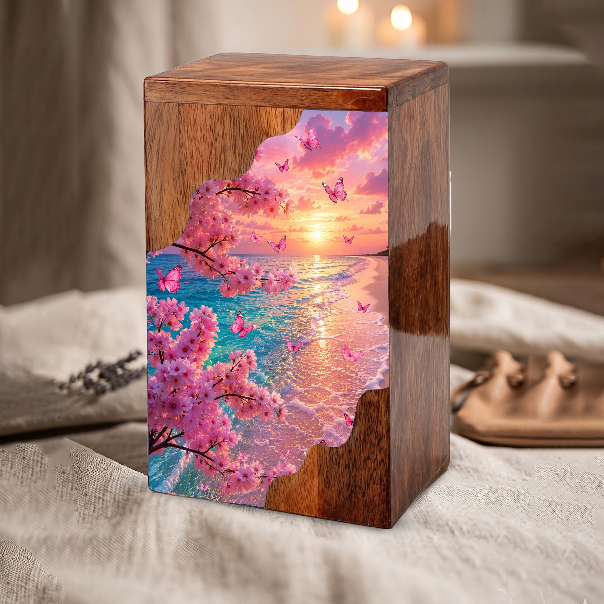 Cherry Blossom Beach Wooden Cremation Urn – Butterfly Memorial Urn for Human Ashes
