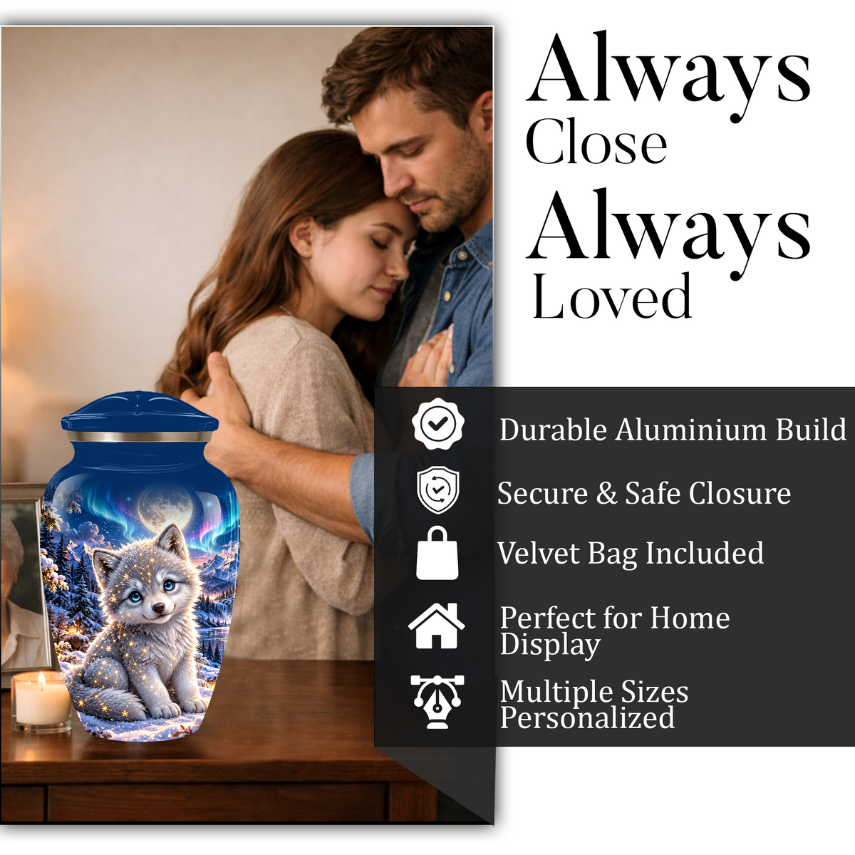 Celestial White Wolf Cremation Urn for Adult Ashes – Magical Winter Memorial Urn