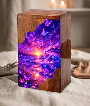 Butterfly Ocean Wooden Cremation Urn – Beach Theme Wooden Urn for Human Ashes