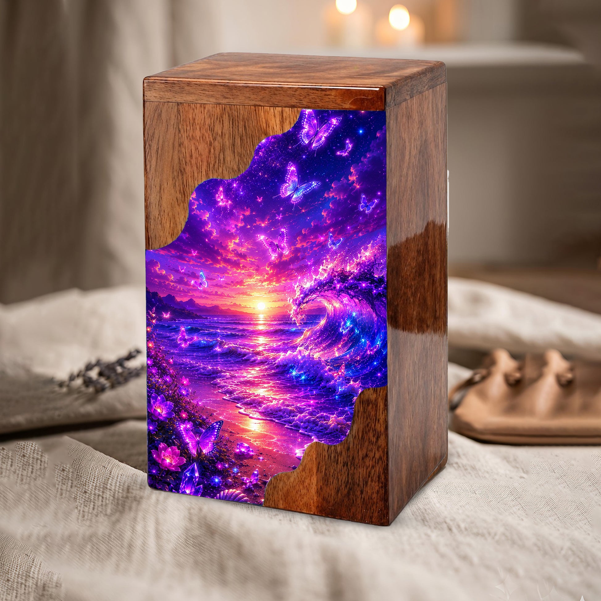 Butterfly Ocean Wooden Cremation Urn – Beach Theme Wooden Urn for Human Ashes