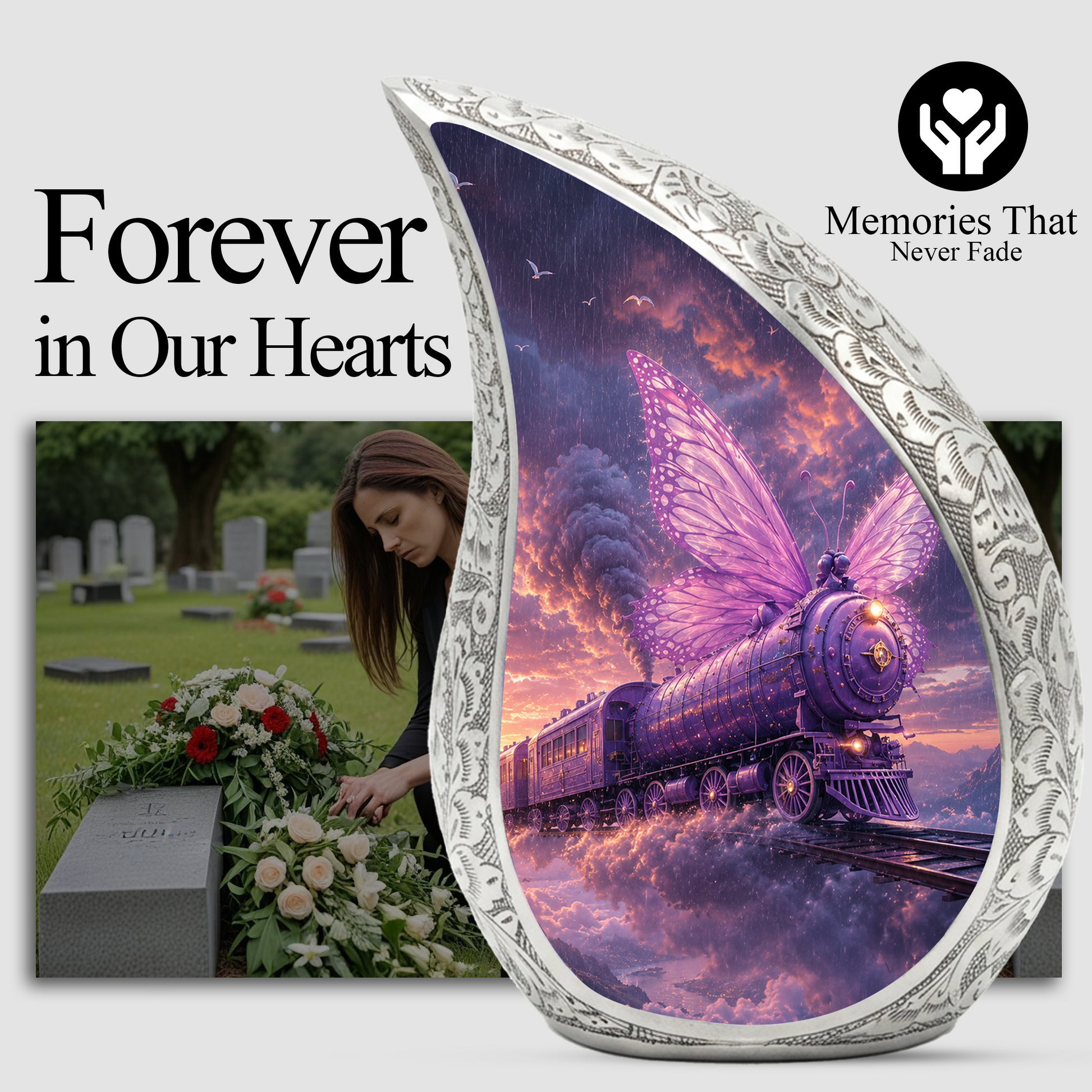Butterfly Train Urn for Human Ashes | Beautiful Butterfly & Locomotive Adult Cremation Urn