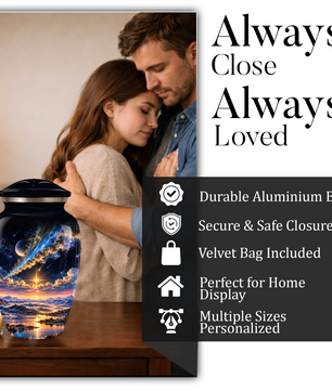 Personalized Adult Cremation Urn for Ashes, Custom Memorial Urn, Galaxy and Mountain Sunset Design