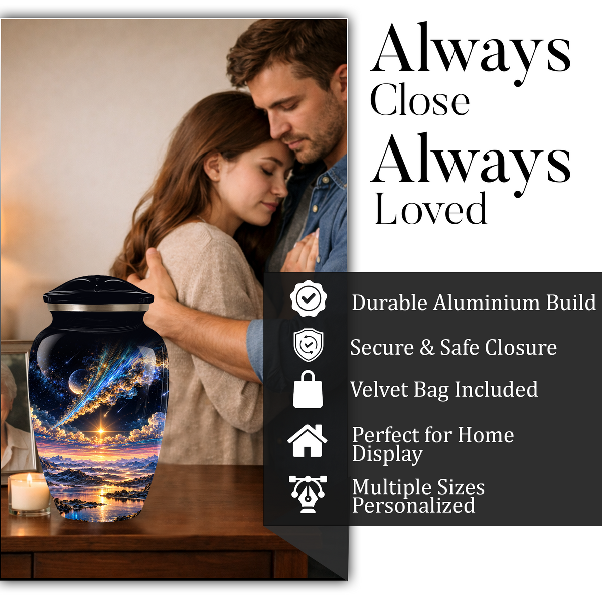 Personalized Adult Cremation Urn for Ashes, Custom Memorial Urn, Galaxy and Mountain Sunset Design