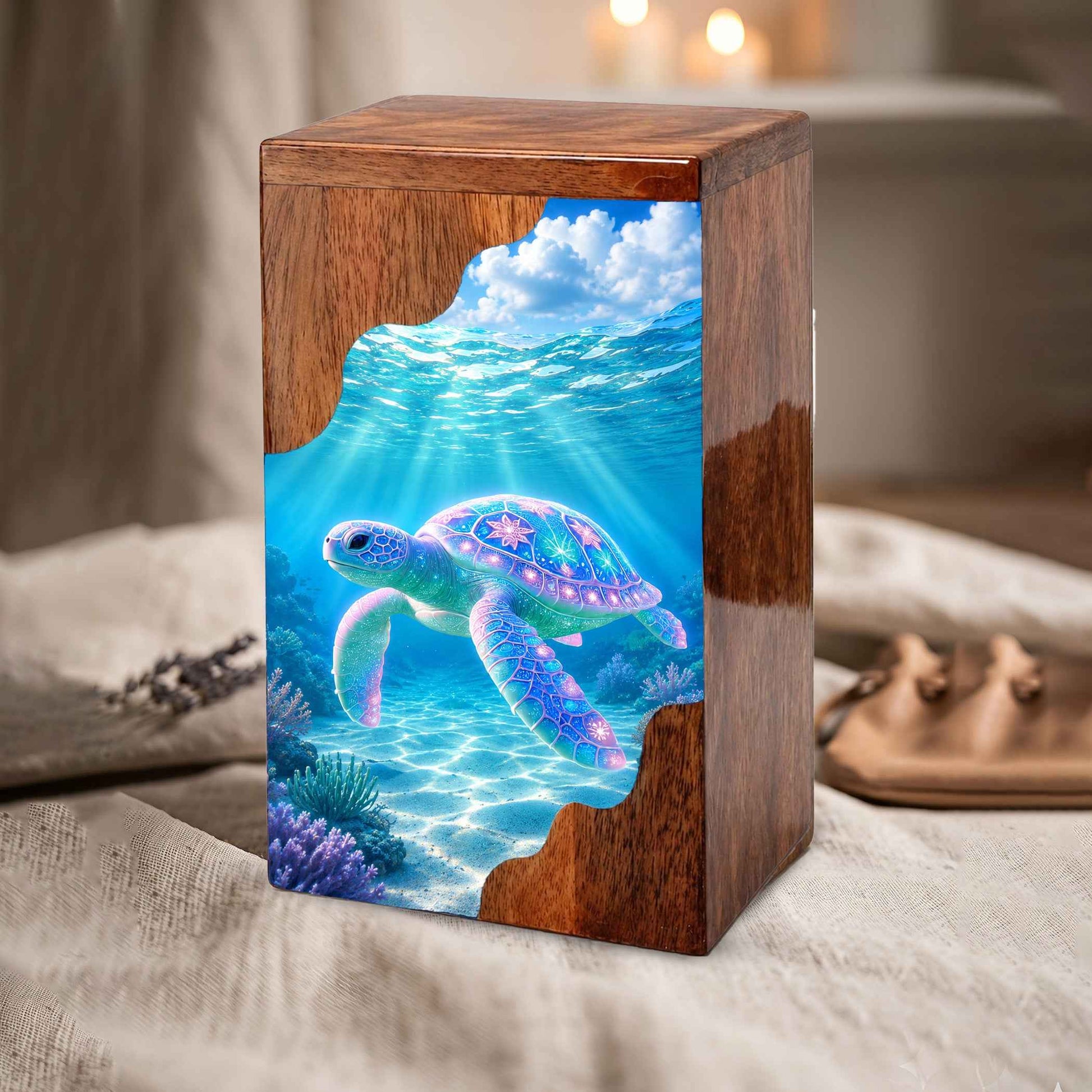Sea Turtle Wooden Cremation Urn – Ocean Memorial Urn for Human Ashes